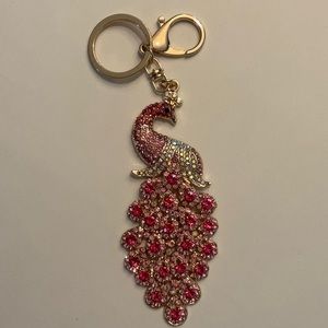 Peacock Pink Crystal Key Ring~Purse Clip. Goldtone